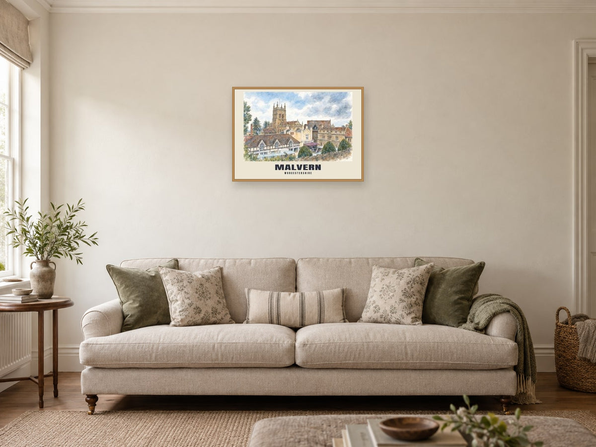 Malvern — English Watercolour Art Print at A2, in a natural wood frame, in a sitting room