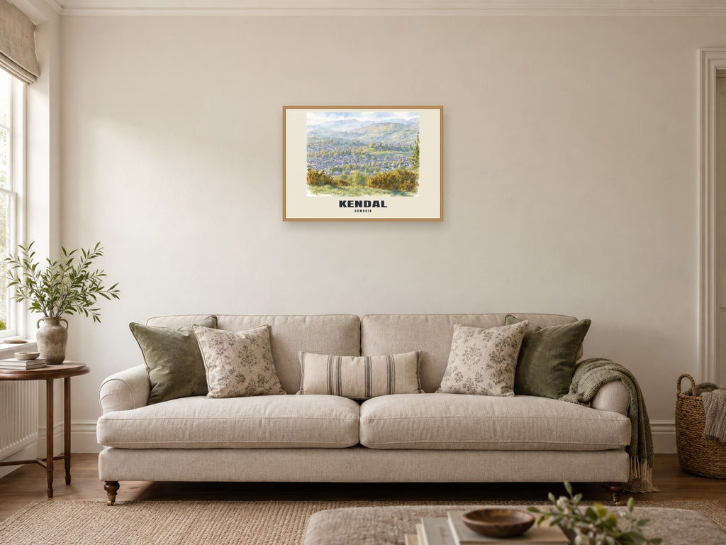Kendal — English Watercolour Art Print at A2, in a natural wood frame, in a sitting room