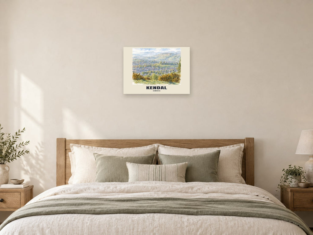 Kendal — English Watercolour Art Print at A2, as a poster, above a bed