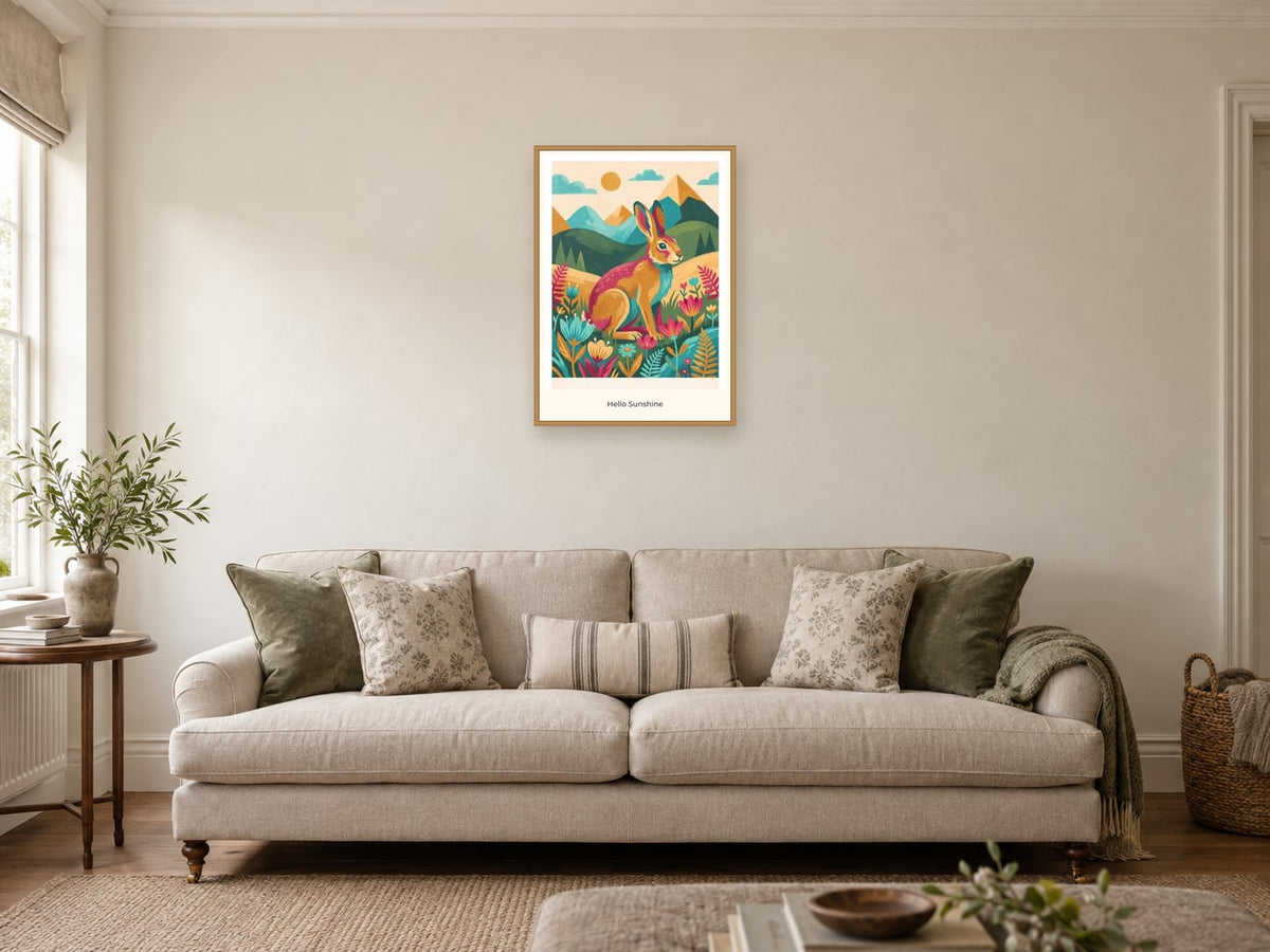 Hello Sunshine — Mountain Meadow Children’s Art Print at A2, in a natural wood frame, in a sitting room
