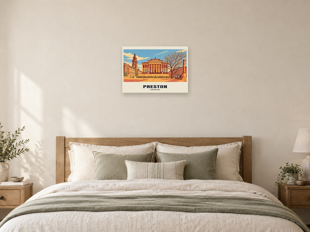 Preston — Retro Railway Art Print at A2, as a poster, above a bed