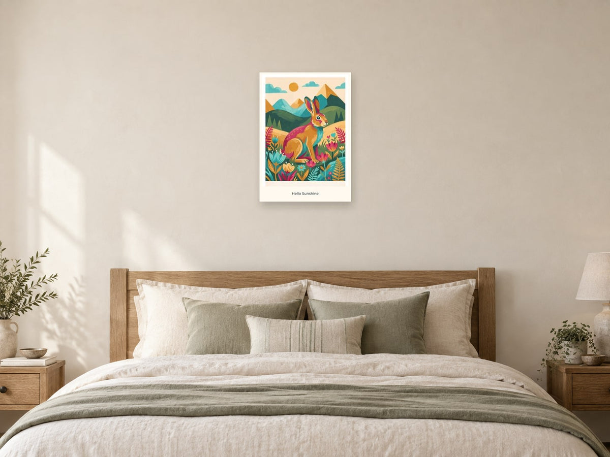 Hello Sunshine — Mountain Meadow Children’s Art Print at A2, as a poster, above a bed