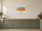 Preston — Retro Railway Art Print at A2, in a white frame, in a kitchen