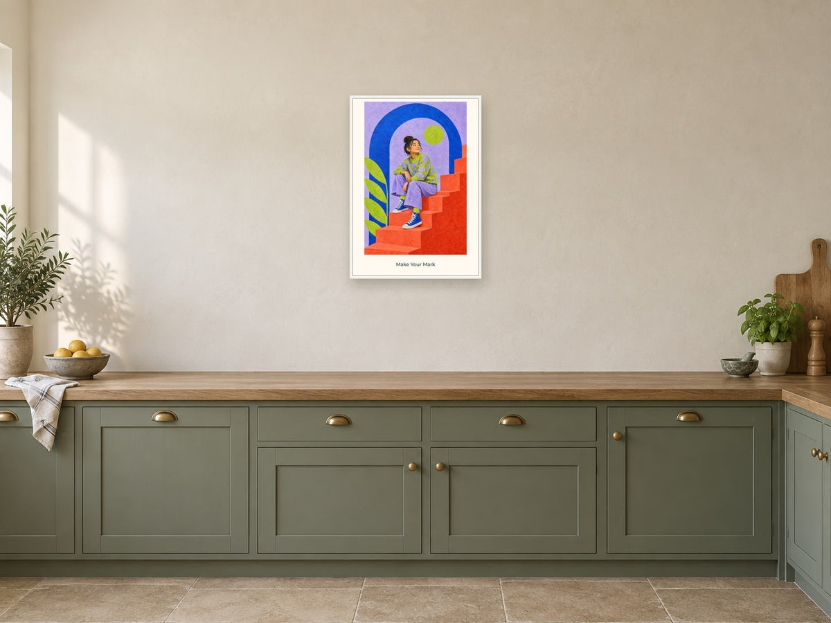 Make Your Mark — Pattern Play Children’s Art Print at A2, in a white frame, in a kitchen