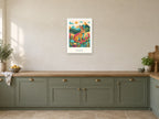 Hello Sunshine — Mountain Meadow Children’s Art Print at A2, in a white frame, in a kitchen
