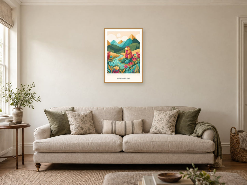 Little Adventures — Mountain Meadow Children’s Art Print at A2, in a natural wood frame, in a sitting room