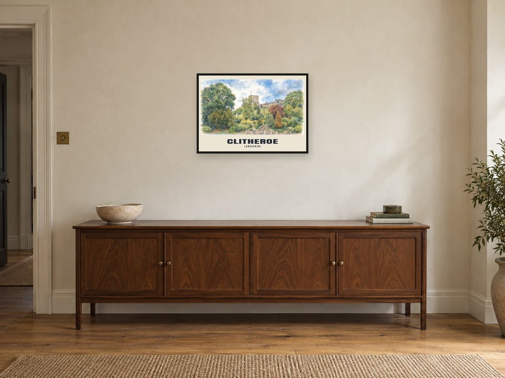 Clitheroe — English Watercolour Art Print at A2, in a black frame, above a sideboard