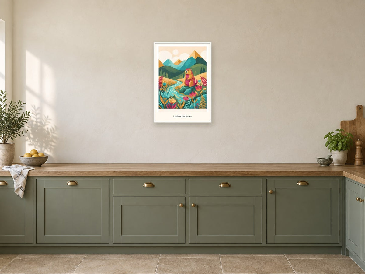 Little Adventures — Mountain Meadow Children’s Art Print at A2, in a white frame, in a kitchen