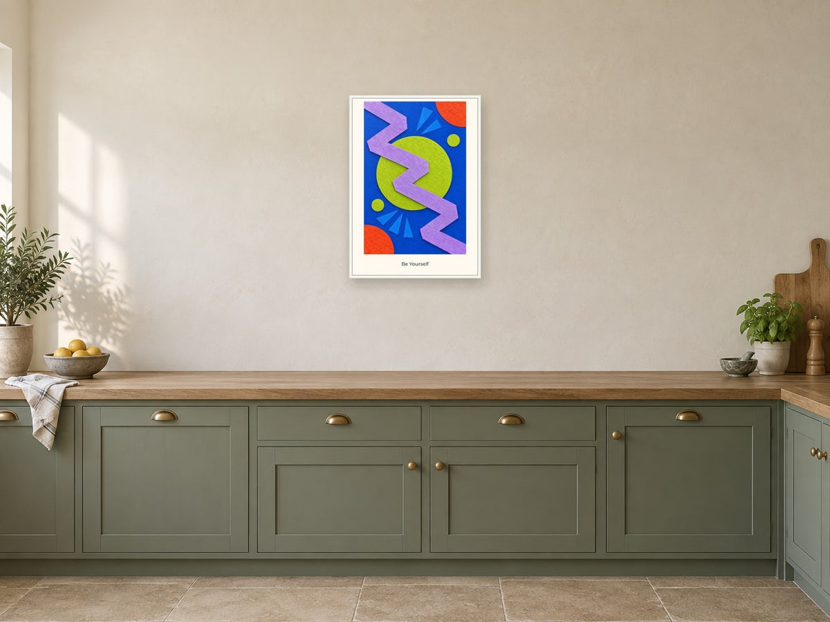 Be Yourself — Pattern Play Children’s Art Print at A2, in a white frame, in a kitchen