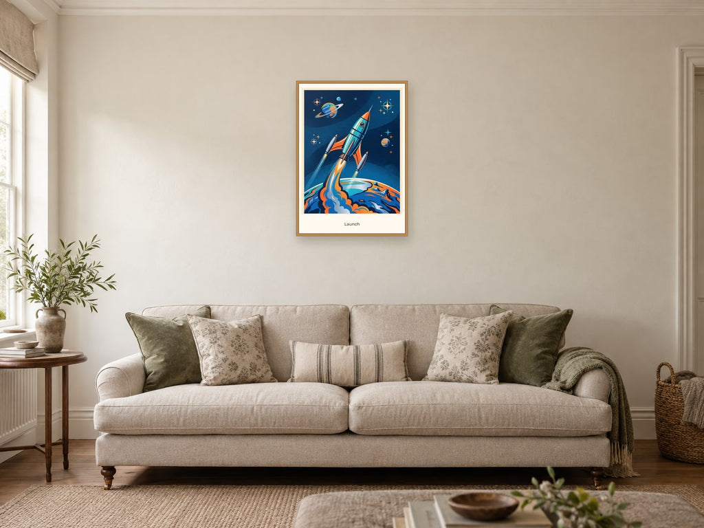 Launch — Cosmic Explorers Children’s Art Print at A2, in a natural wood frame, in a sitting room