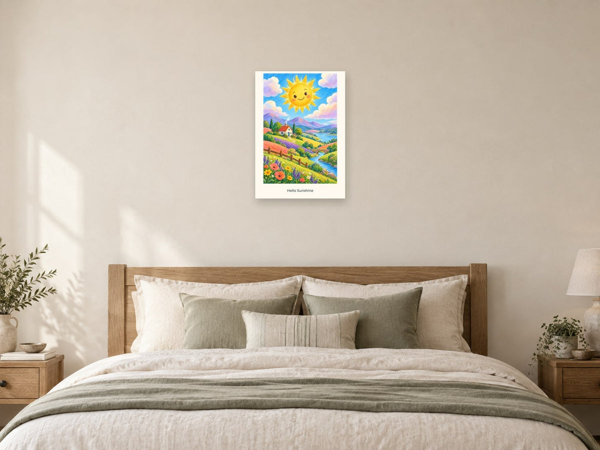 Hello Sunshine — Weather Wonders Children’s Art Print at A2, as a poster, above a bed