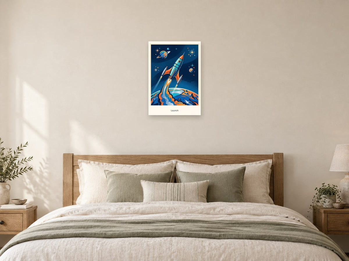 Launch — Cosmic Explorers Children’s Art Print at A2, as a poster, above a bed