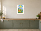 Hello Sunshine — Weather Wonders Children’s Art Print at A2, in a white frame, in a kitchen