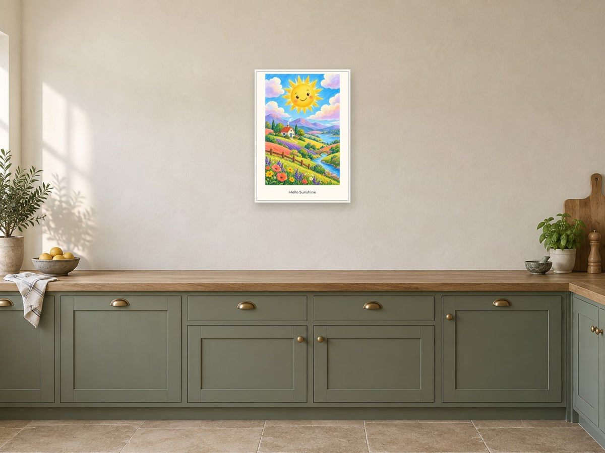 Hello Sunshine — Weather Wonders Children’s Art Print at A2, in a white frame, in a kitchen