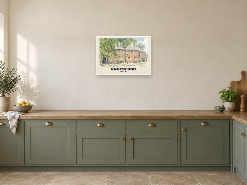 Knutsford — English Watercolour Art Print at A2, in a white frame, in a kitchen