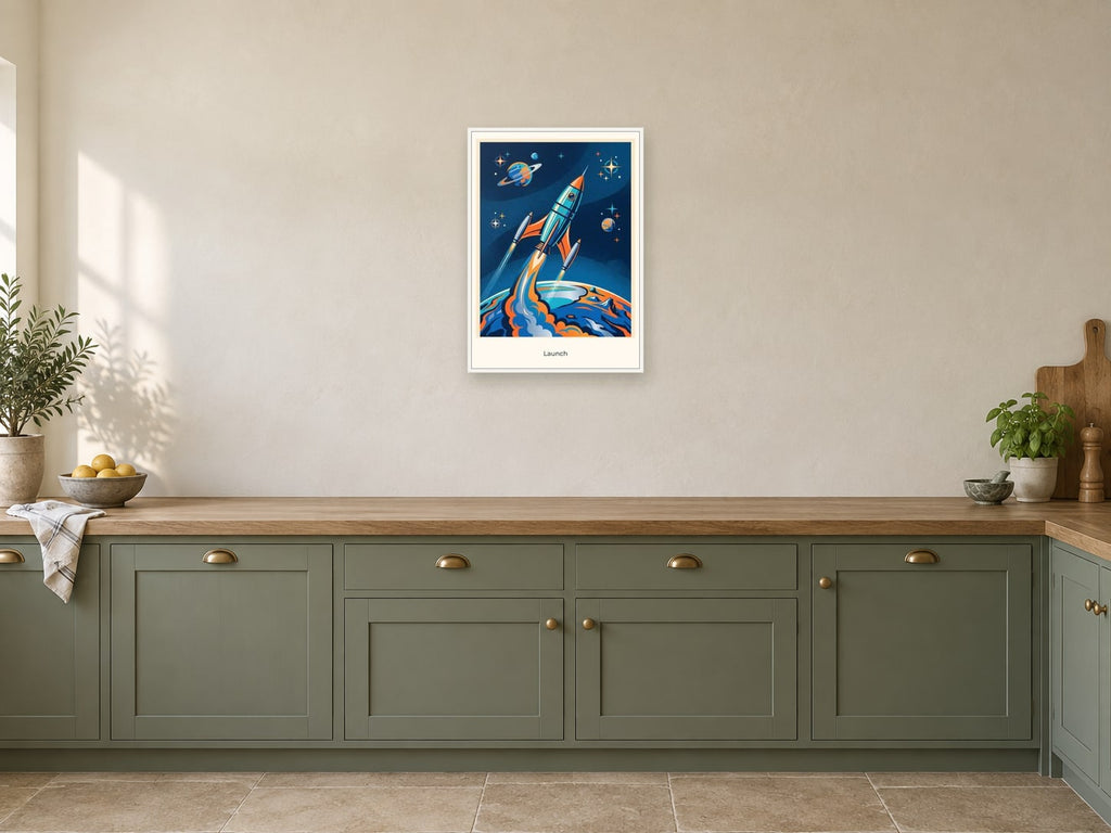 Launch — Cosmic Explorers Children’s Art Print at A2, in a white frame, in a kitchen