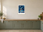 Launch — Cosmic Explorers Children’s Art Print at A2, in a white frame, in a kitchen