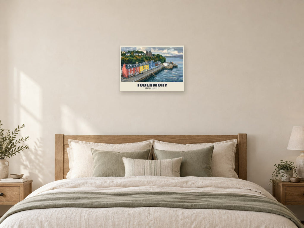 Tobermory — Gouache Art Print at A2, as a poster, above a bed