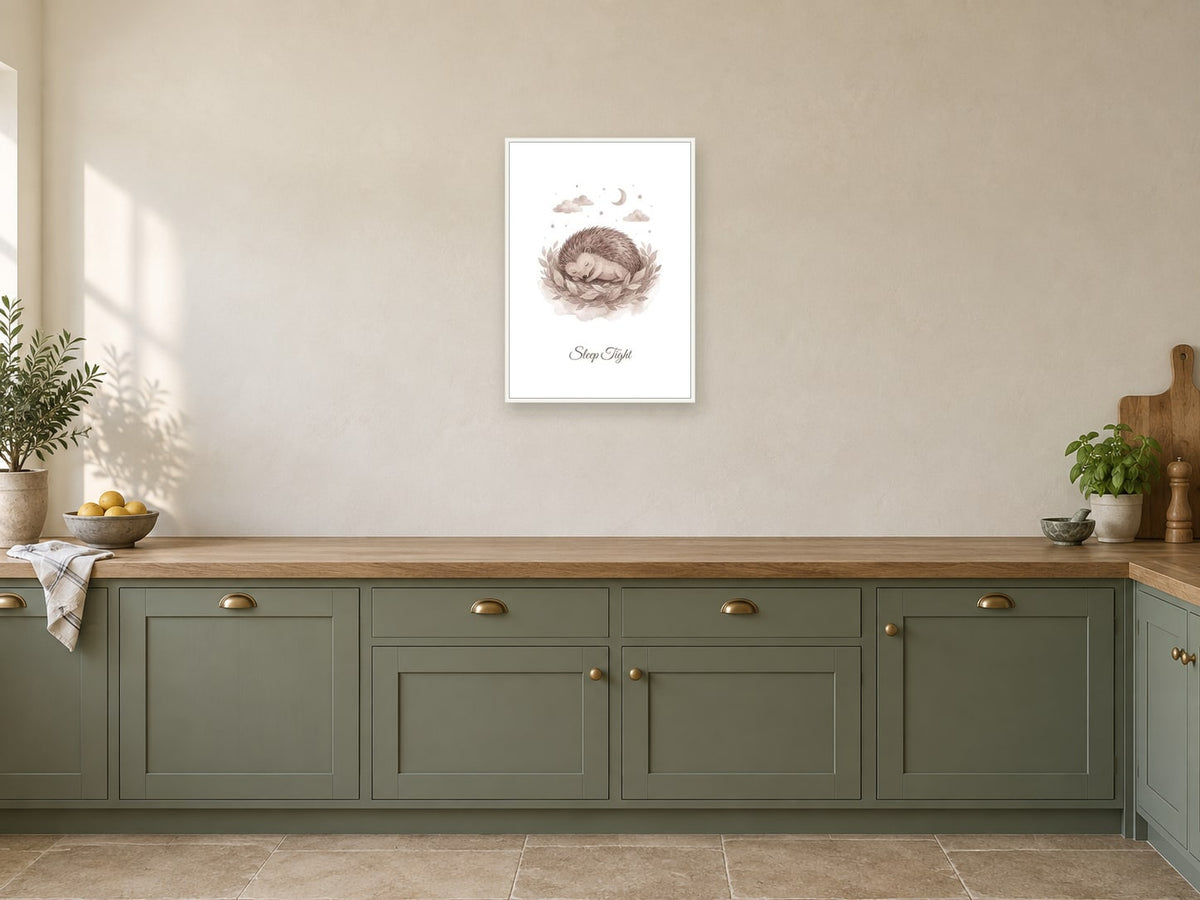 Sleep Tight — Woodland Moonlight Nursery Print at A2, in a white frame, in a kitchen