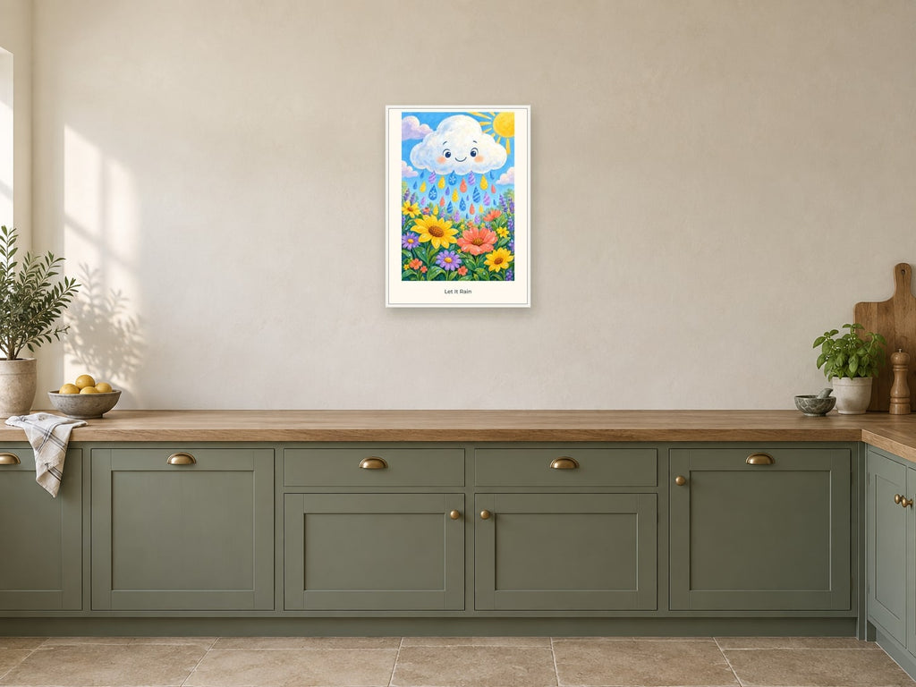 Let It Rain — Weather Wonders Children’s Art Print at A2, in a white frame, in a kitchen