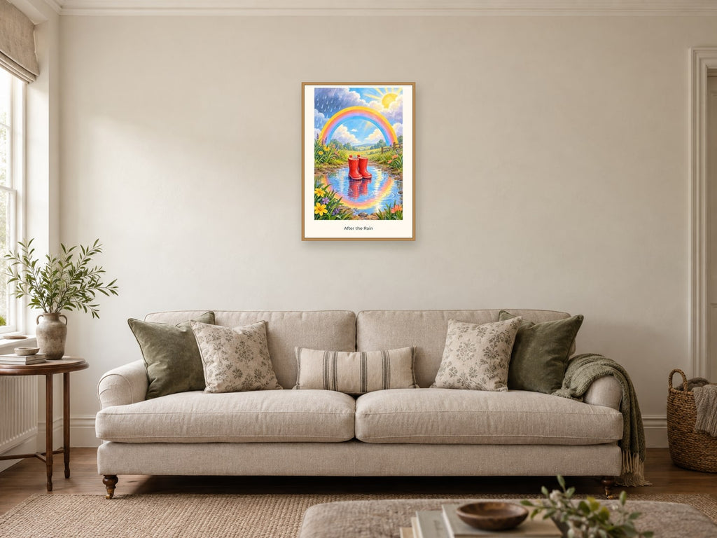 After the Rain — Weather Wonders Children’s Art Print at A2, in a natural wood frame, in a sitting room