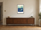 Dive Deep — Deep Blue Discovery Children’s Art Print at A2, in a black frame, above a sideboard
