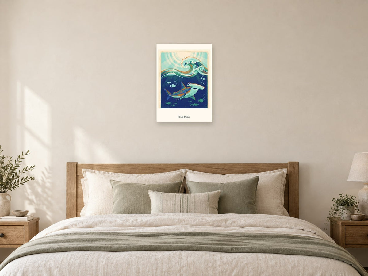 Dive Deep — Deep Blue Discovery Children’s Art Print at A2, as a poster, above a bed