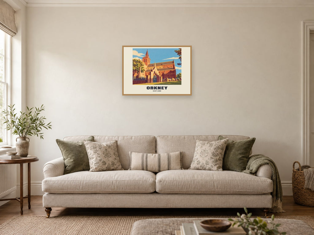 Orkney — Retro Railway Art Print at A2, in a natural wood frame, in a sitting room