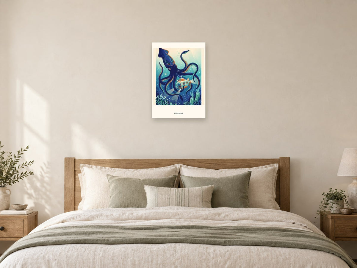 Discover — Deep Blue Discovery Children’s Art Print at A2, as a poster, above a bed
