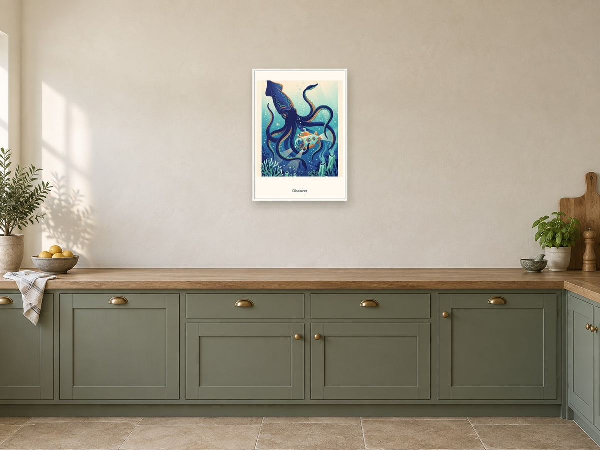 Discover — Deep Blue Discovery Children’s Art Print at A2, in a white frame, in a kitchen