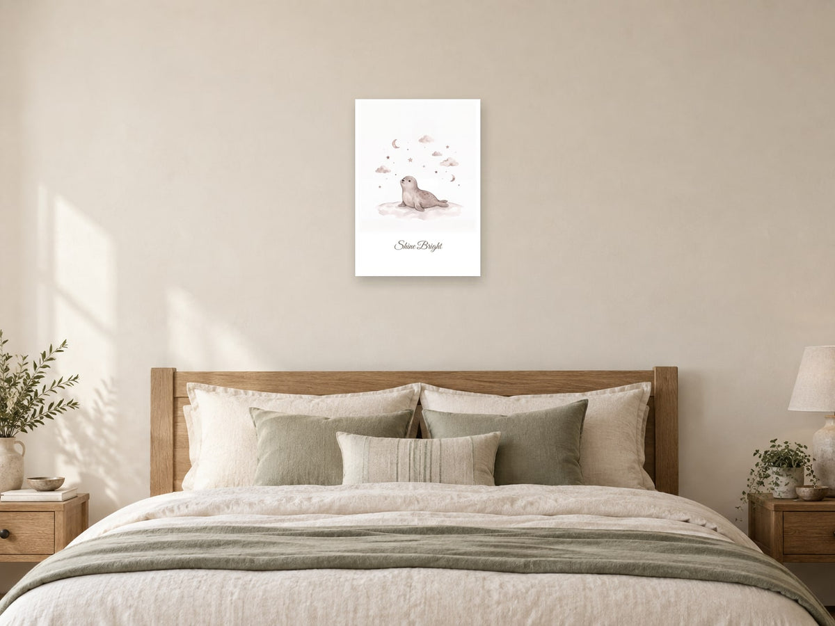 Shine Bright — Polar Starlight Nursery Print at A2, as a poster, above a bed