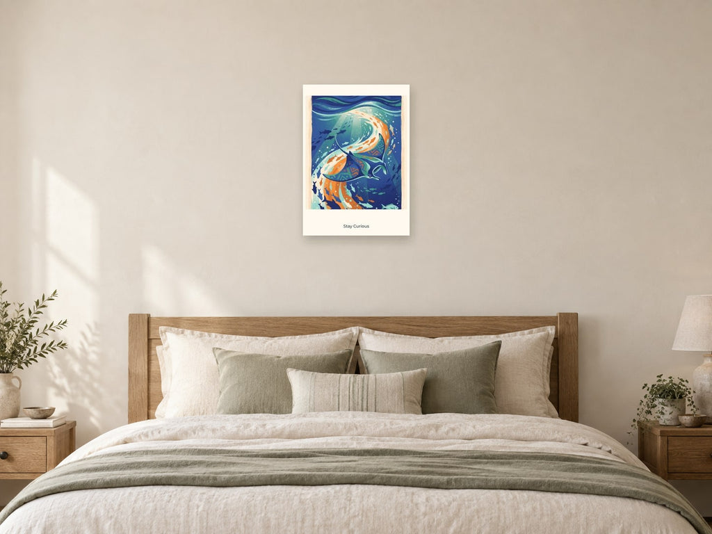 Stay Curious — Deep Blue Discovery Children’s Art Print at A2, as a poster, above a bed