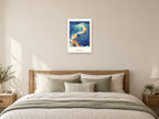 Stay Curious — Deep Blue Discovery Children’s Art Print at A2, as a poster, above a bed