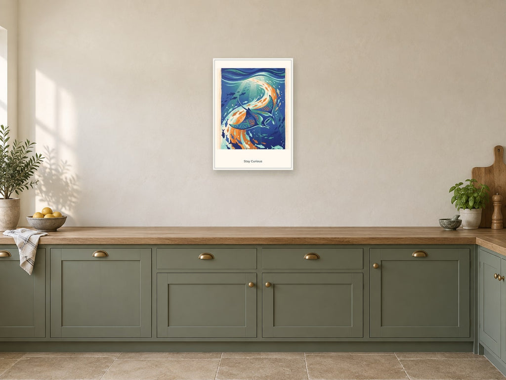 Stay Curious — Deep Blue Discovery Children’s Art Print at A2, in a white frame, in a kitchen