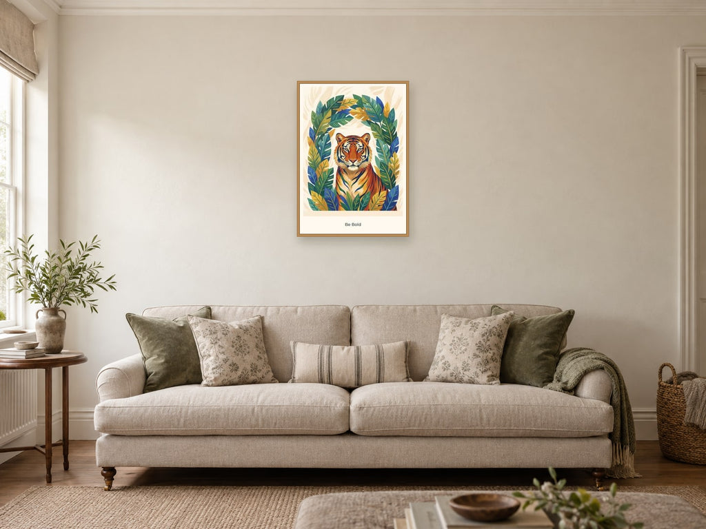 Be Bold — Wild Earth Children’s Art Print at A2, in a natural wood frame, in a sitting room