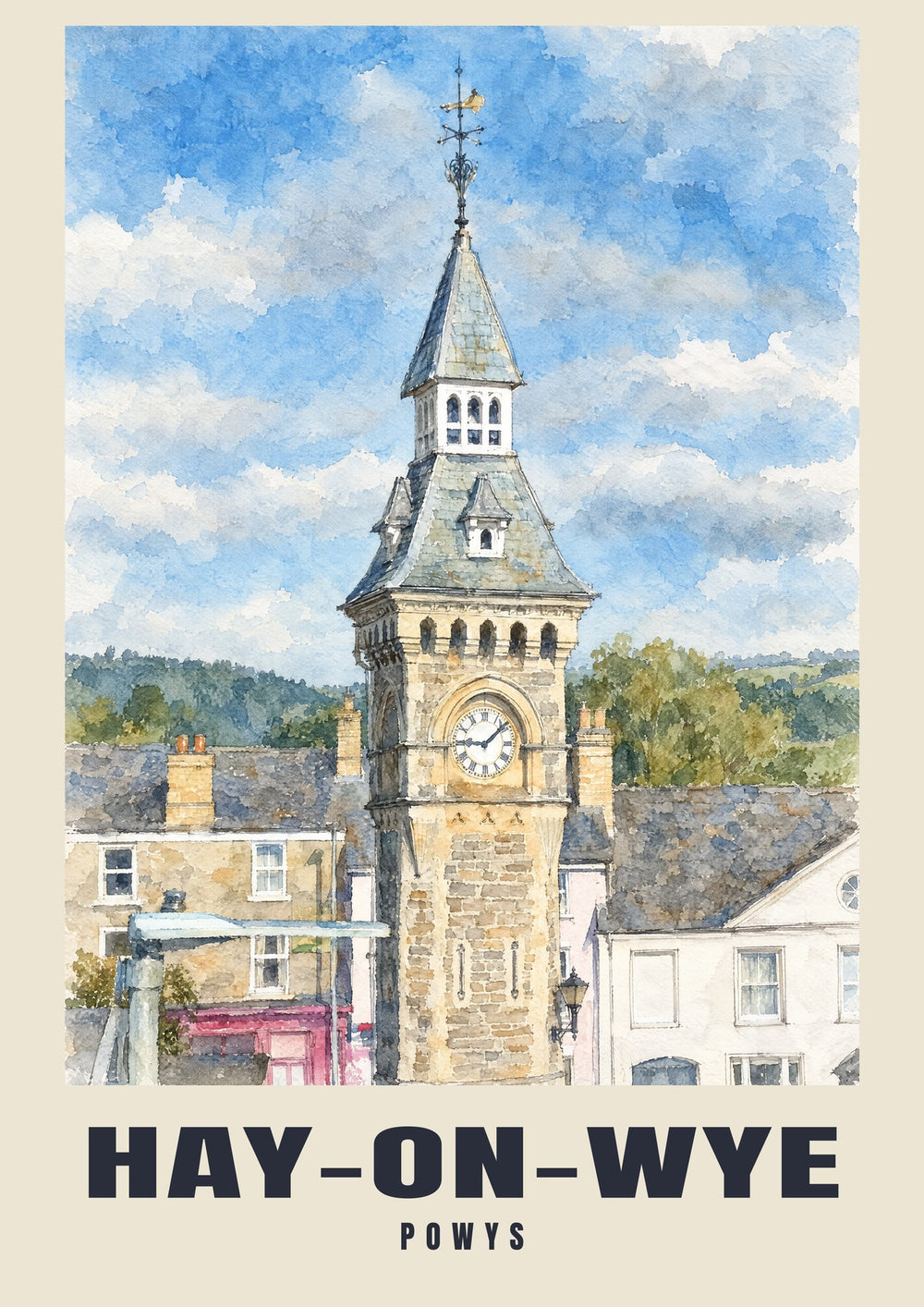Hay-on-Wye — Stampa artistica ad acquerello inglese