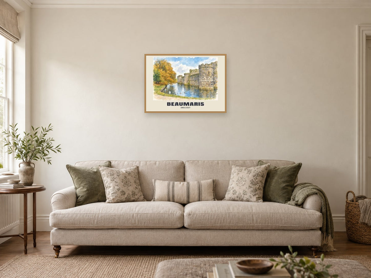 Beaumaris — English Watercolour Art Print at A2, in a natural wood frame, in a sitting room