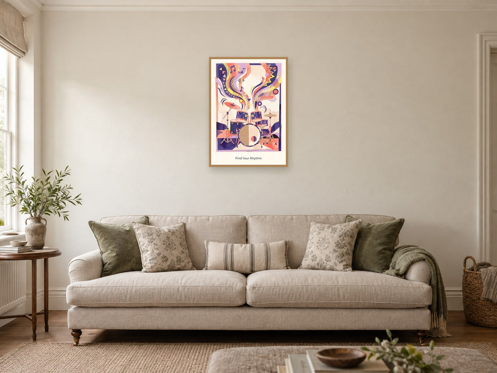 Find Your Rhythm — Music Makers Children’s Art Print at A2, in a natural wood frame, in a sitting room