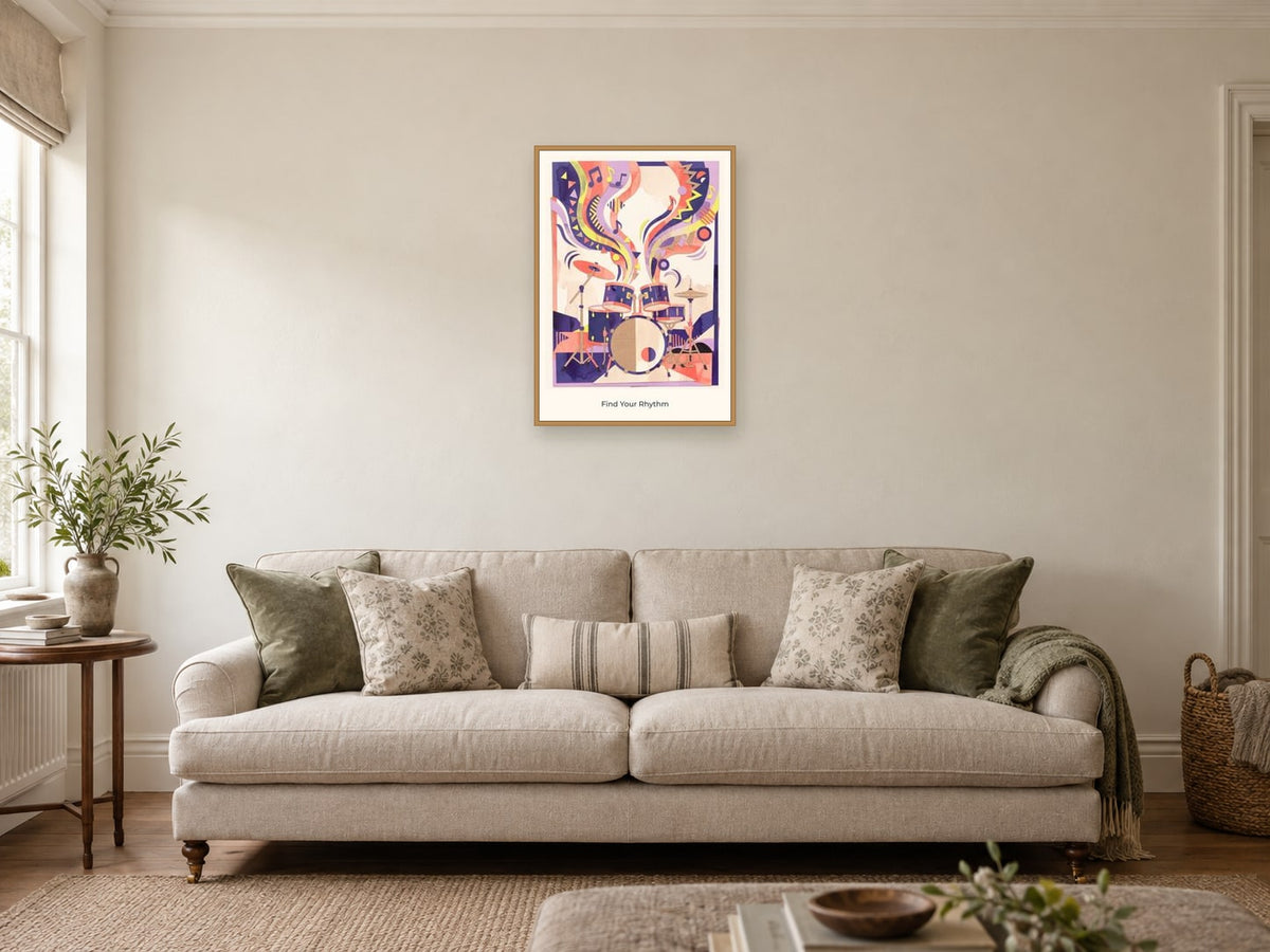 Find Your Rhythm — Music Makers Children’s Art Print at A2, in a natural wood frame, in a sitting room