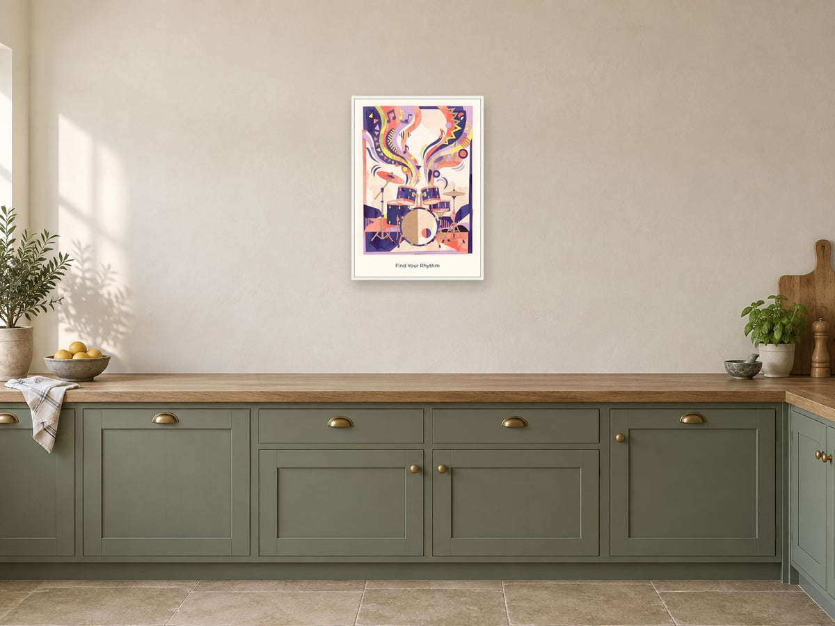 Find Your Rhythm — Music Makers Children’s Art Print at A2, in a white frame, in a kitchen