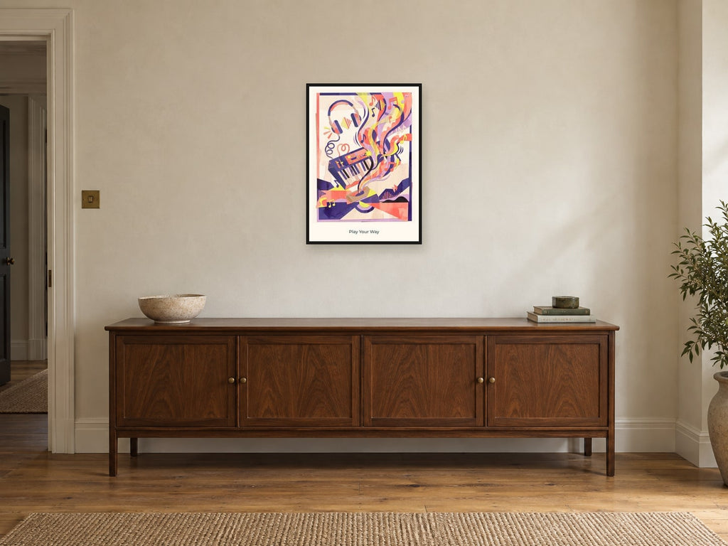 Play Your Way — Music Makers Children’s Art Print at A2, in a black frame, above a sideboard