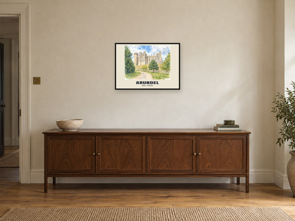 Arundel — English Watercolour Art Print at A2, in a black frame, above a sideboard