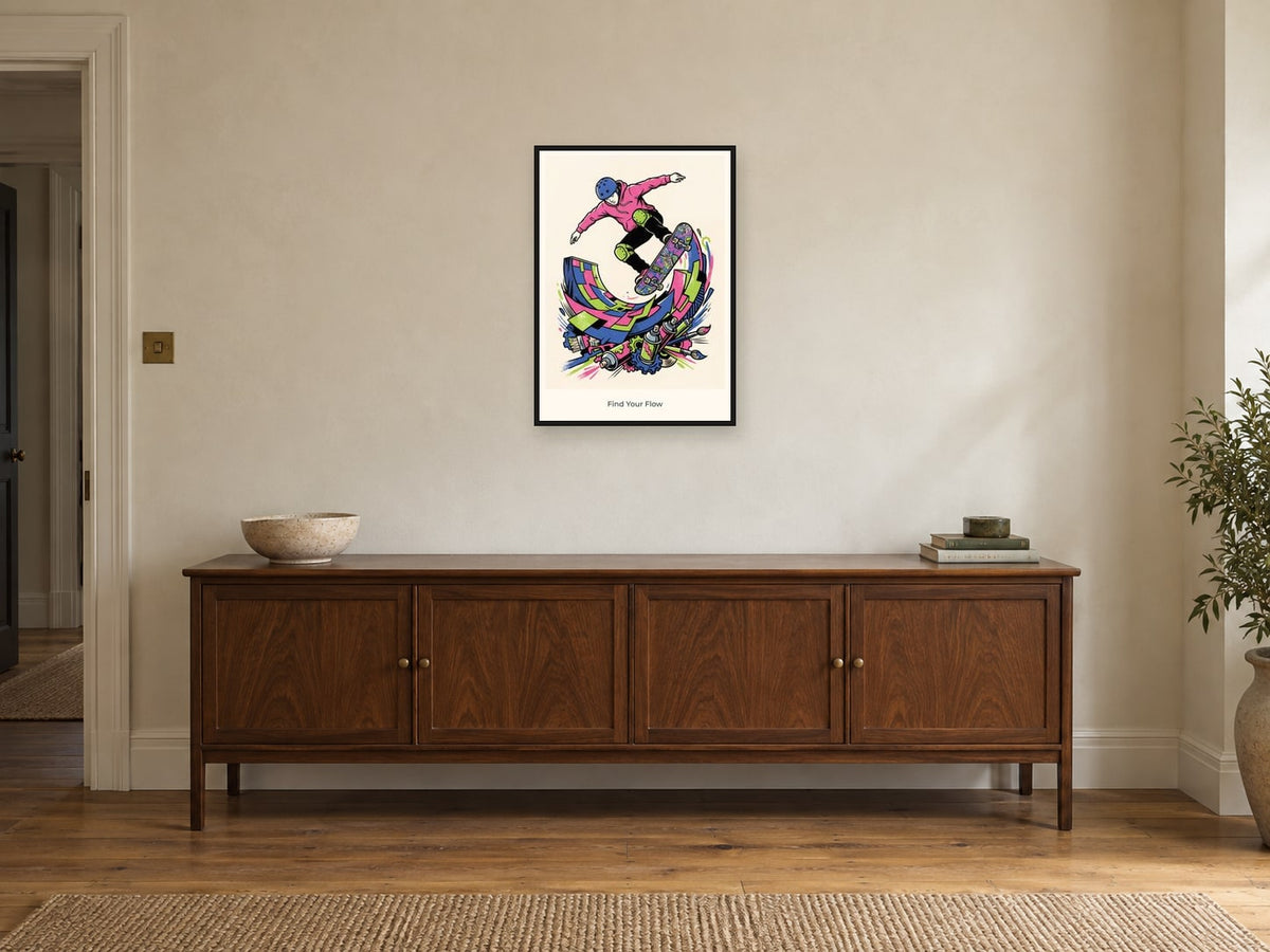 Find Your Flow — Skate & Create Children’s Art Print at A2, in a black frame, above a sideboard