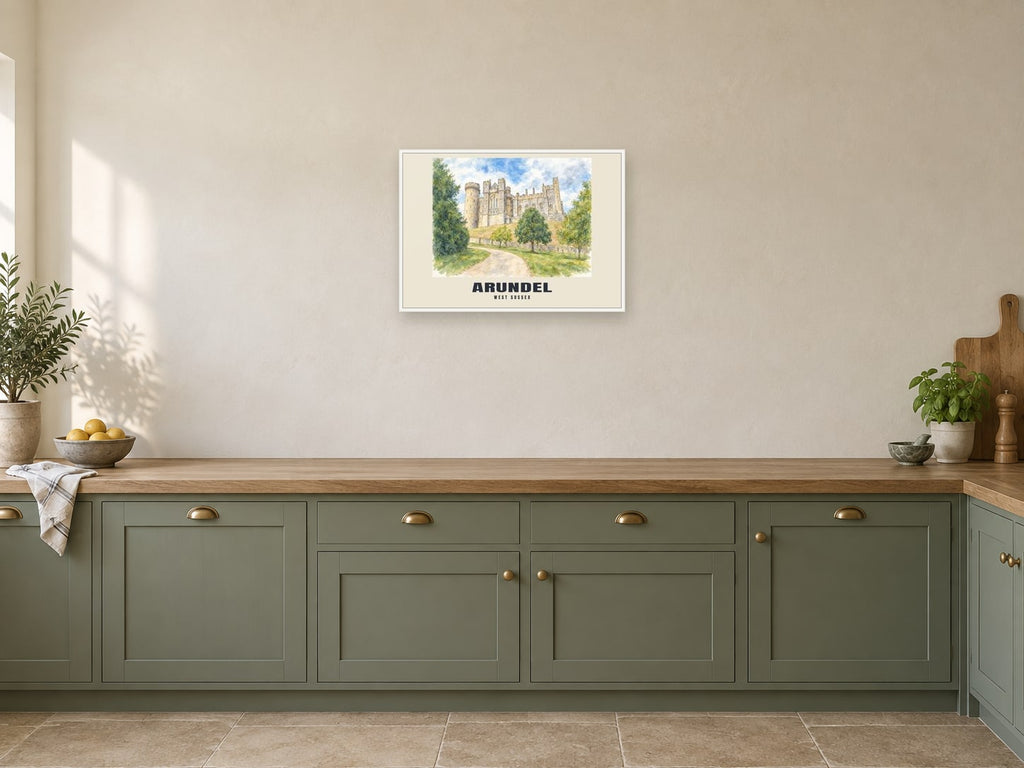 Arundel — English Watercolour Art Print at A2, in a white frame, in a kitchen
