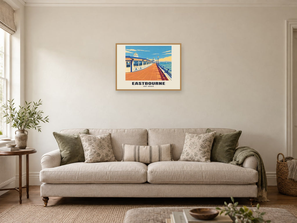 Eastbourne — Retro Railway Art Print at A2, in a natural wood frame, in a sitting room