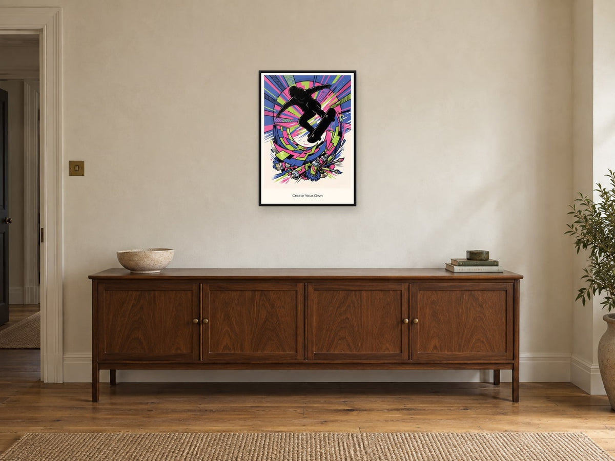 Create Your Own — Skate & Create Children’s Art Print at A2, in a black frame, above a sideboard