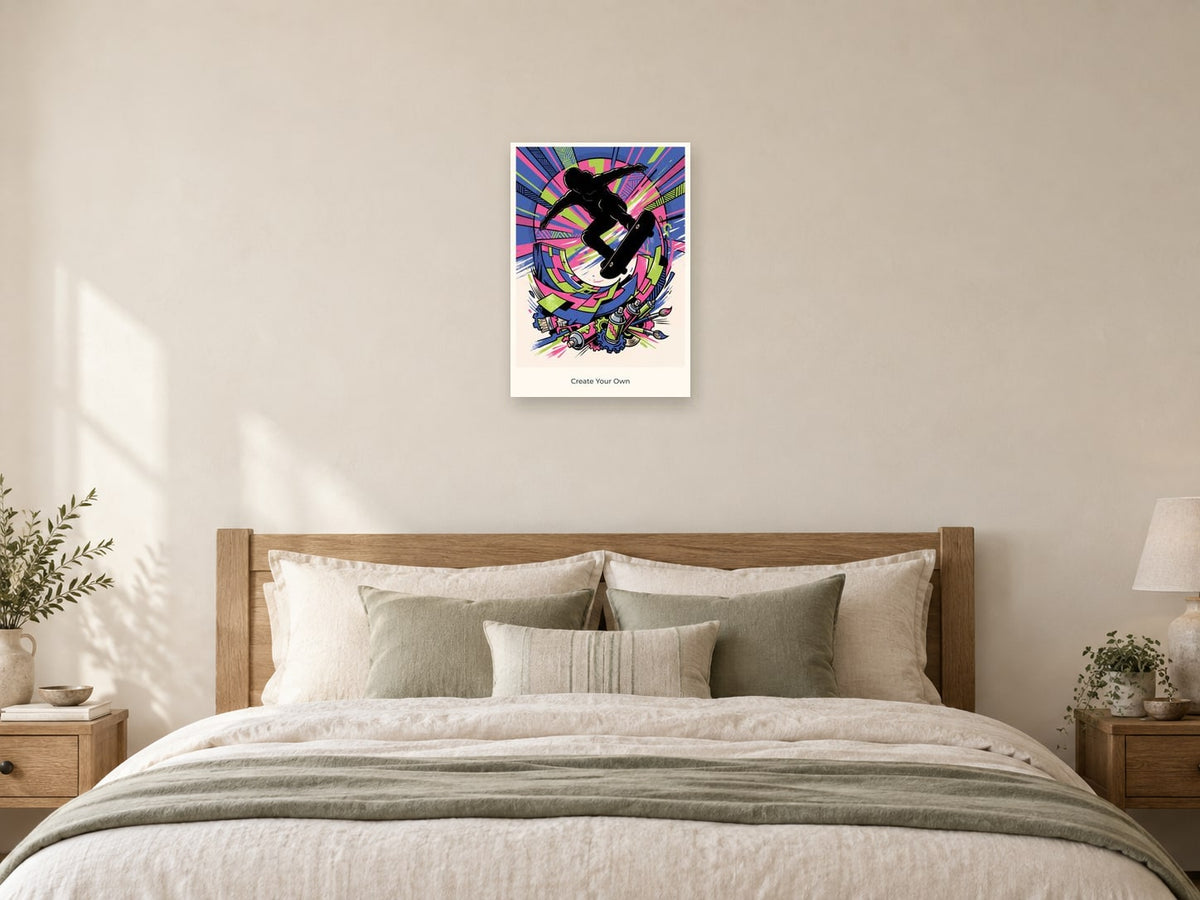 Create Your Own — Skate & Create Children’s Art Print at A2, as a poster, above a bed