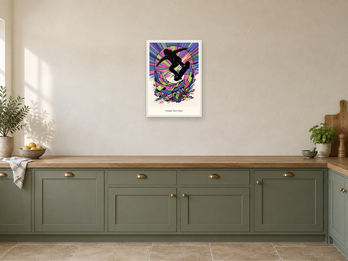 Create Your Own — Skate & Create Children’s Art Print at A2, in a white frame, in a kitchen
