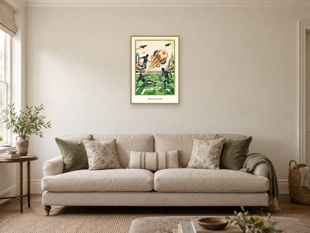 Play Your Game — Football Futures Children’s Art Print at A2, in a natural wood frame, in a sitting room