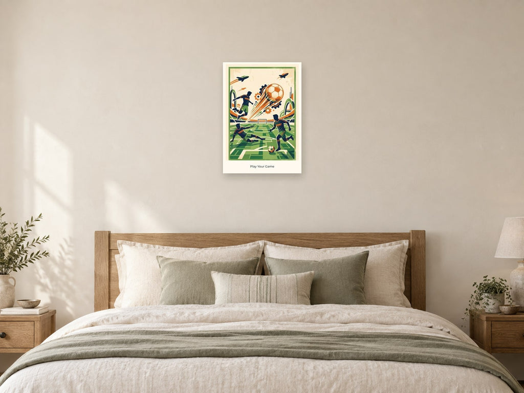 Play Your Game — Football Futures Children’s Art Print at A2, as a poster, above a bed